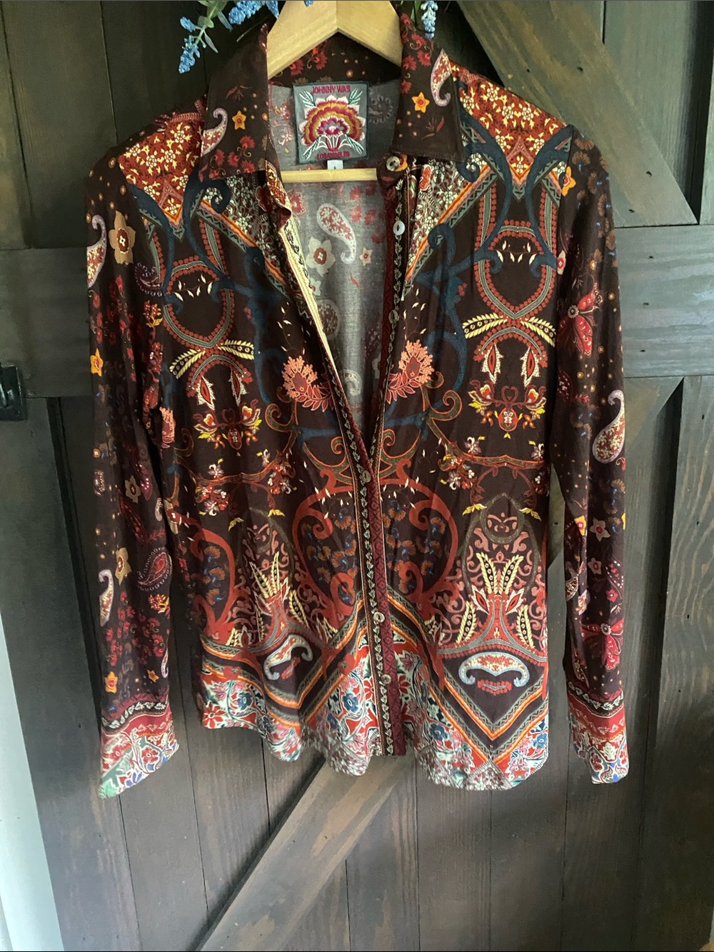Johnny Was Brown Paisley button up cotton blend blouse
